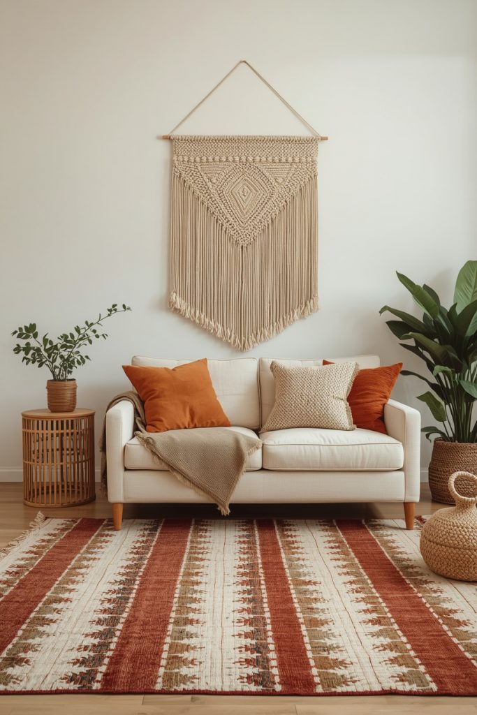 Modern boho aesthetic living room 2026 with natural macrame wall art, rattan furniture, and kilim rug in earthy tones