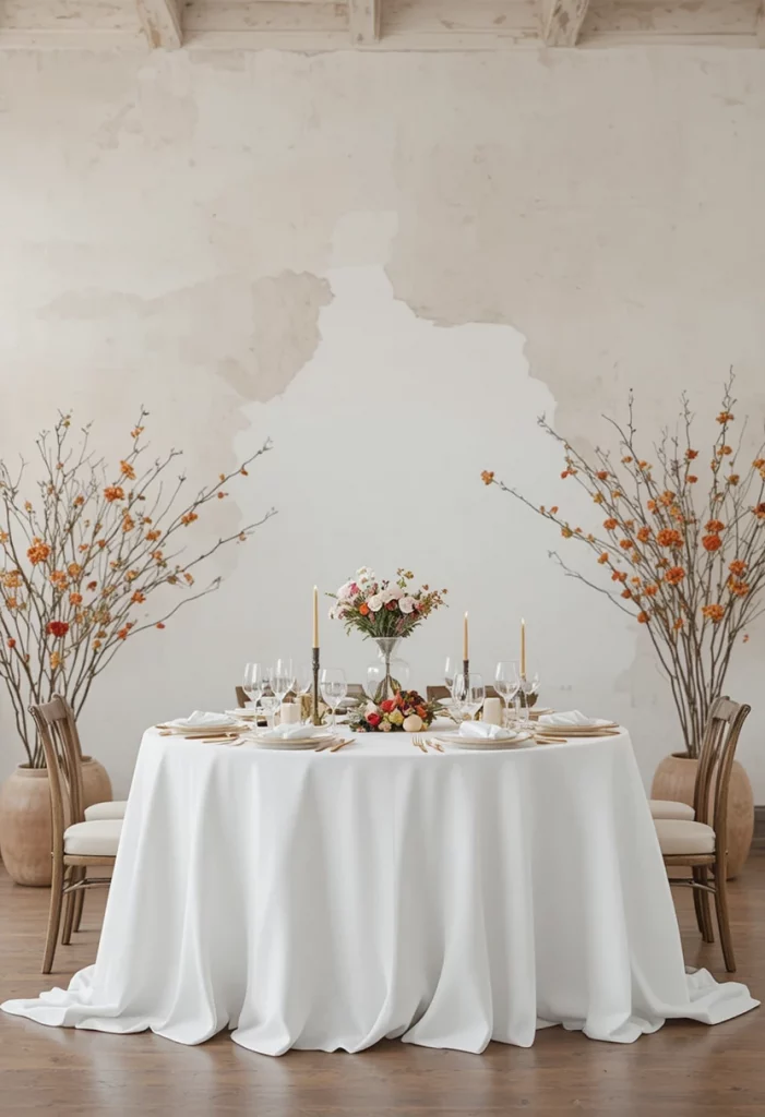 Modern minimalist fall wedding decor with white florals single stem vases and terracotta accent details