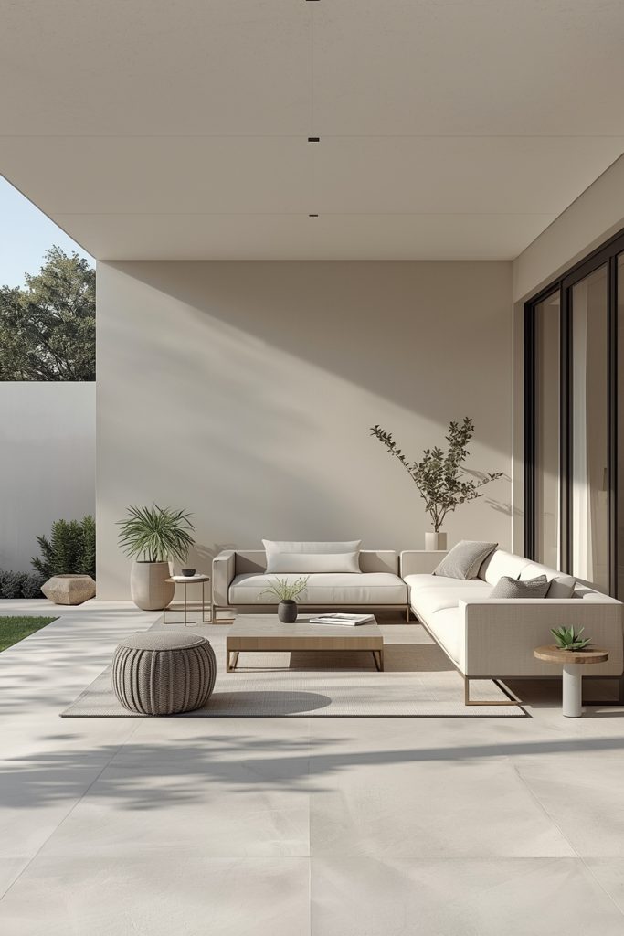 Modern outdoor patio makeover with minimalist furniture, neutral colors, clean lines, and a stylish uncluttered design creating a calm and elegant outdoor space.