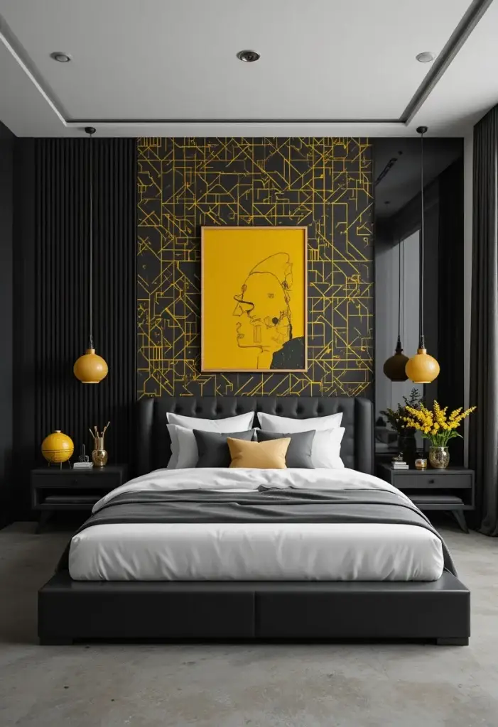 Modern yellow bedroom with geometric wallpaper, black metal bed frame and sculptural yellow pendant light