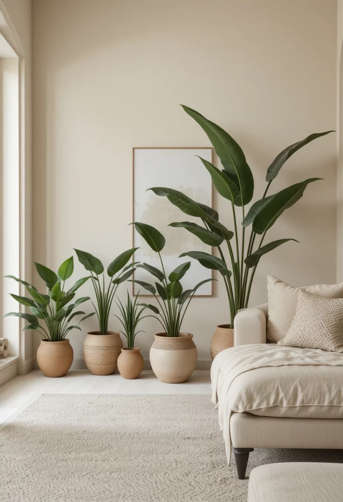 Monochromatic beige living room elevated by real green botanical plants