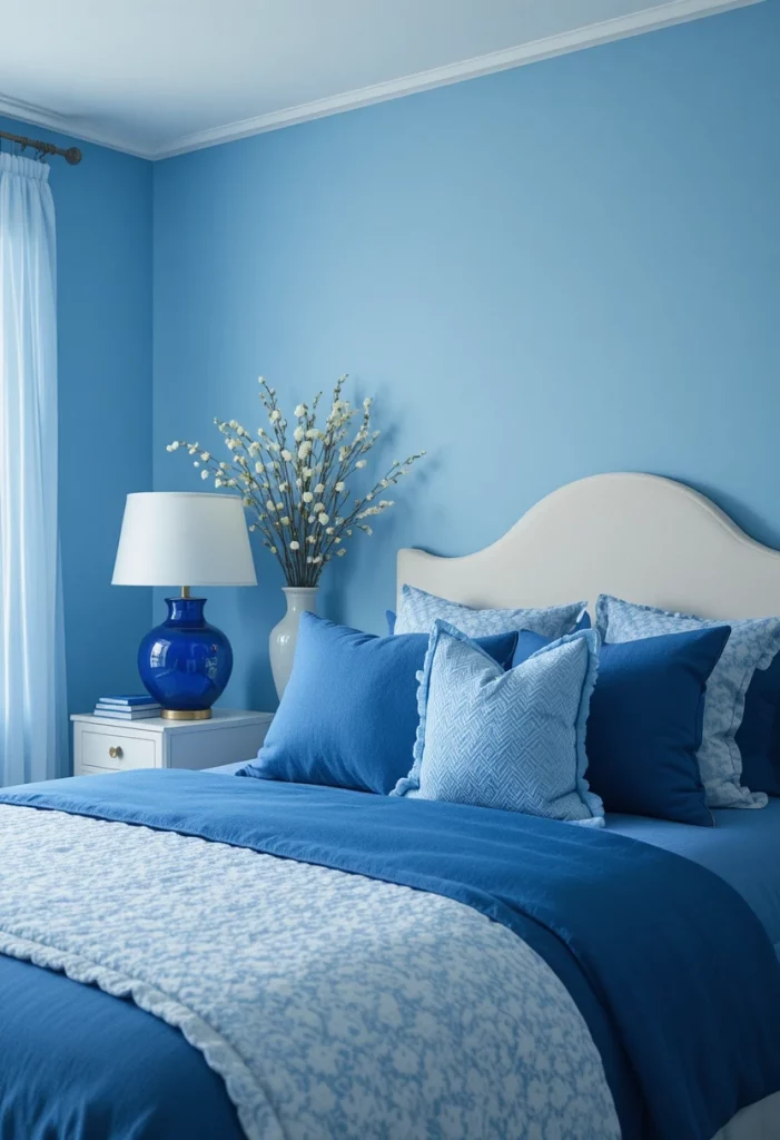 Monochromatic colorful bedroom in shades of blue from sky to navy for a sophisticated look