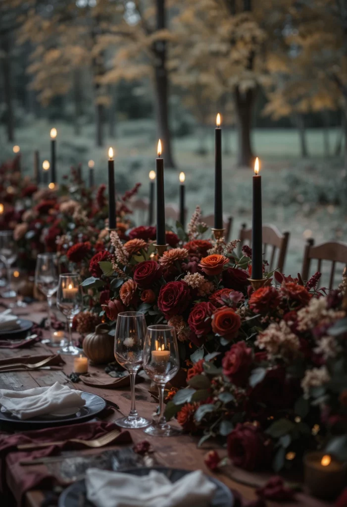 Moody dark romance fall wedding table setup with deep burgundy flowers and black candles