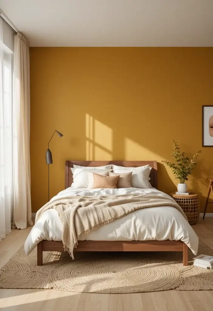 Mustard yellow bedroom accent wall with natural wood furniture and cream bedding in a modern cozy aesthetic
