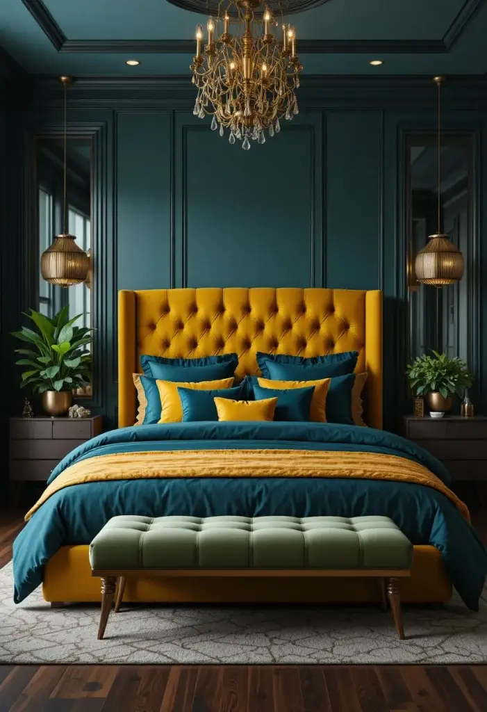 Mustard yellow bedroom ideas with velvet tufted headboard, jewel-tone bedding and brass lighting accents