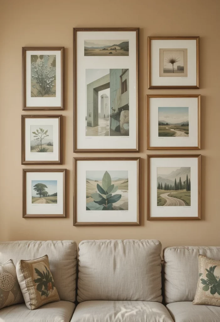 Muted green and beige gallery wall with framed prints above a neutral sofa