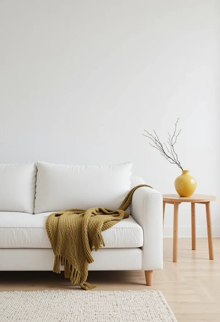 Minimalist Japandi living room with olive green throw and daffodil yellow vase accents