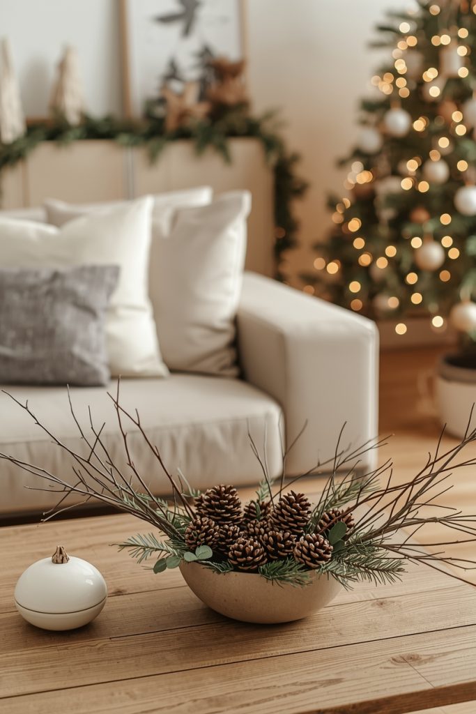 Christmas living room decor with natural elements like pinecones, greenery, and simple rustic styling creating a budget-friendly cozy holiday space.