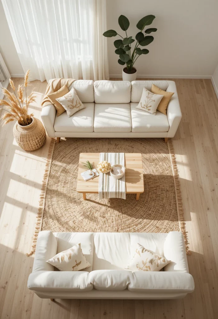 Spring living room decor idea with natural jute area rug and light wood furniture