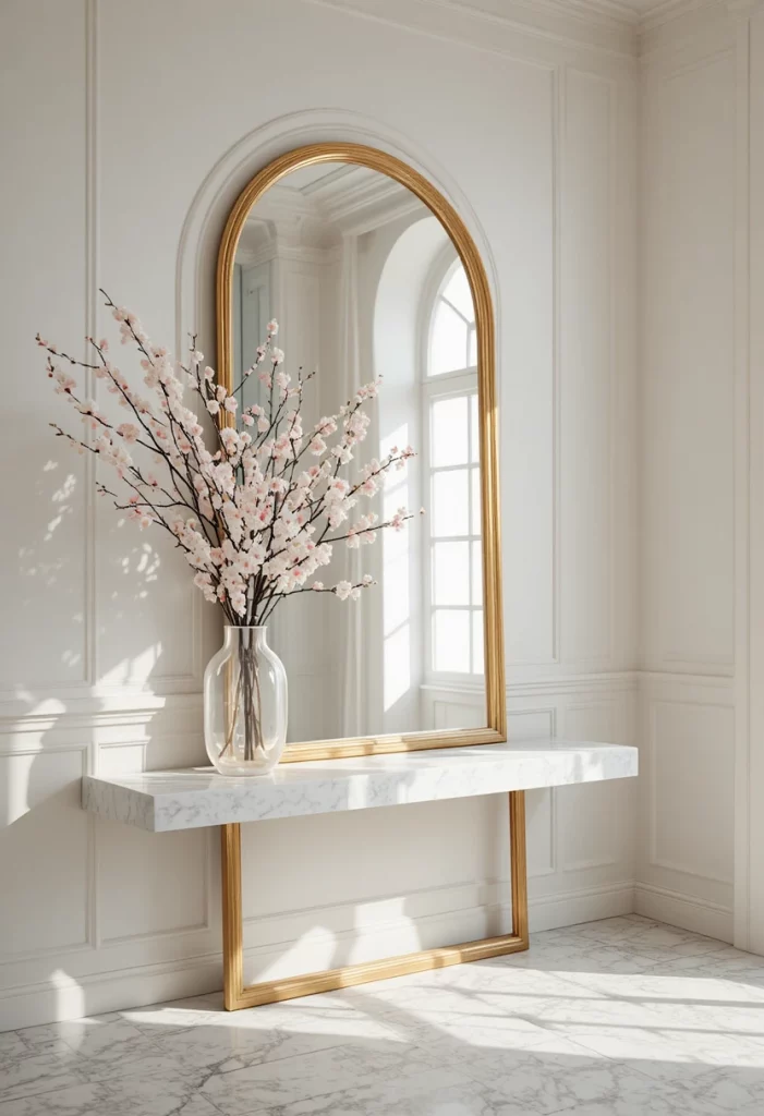 Spring living room ideas using a large arched mirror to amplify natural light