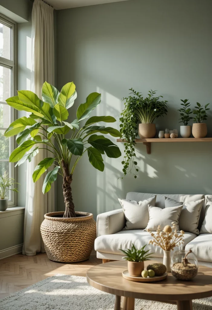 Biophilic living room decor with fiddle leaf fig, trailing pothos and botanical accents