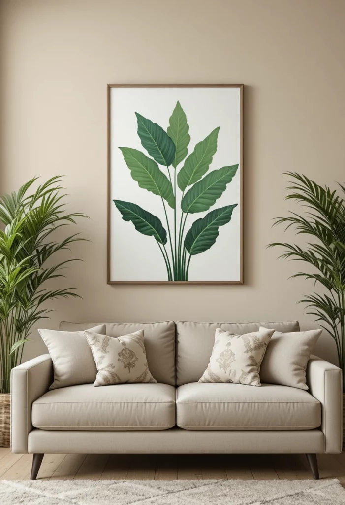 Large green botanical artwork above a neutral sofa on a beige wall