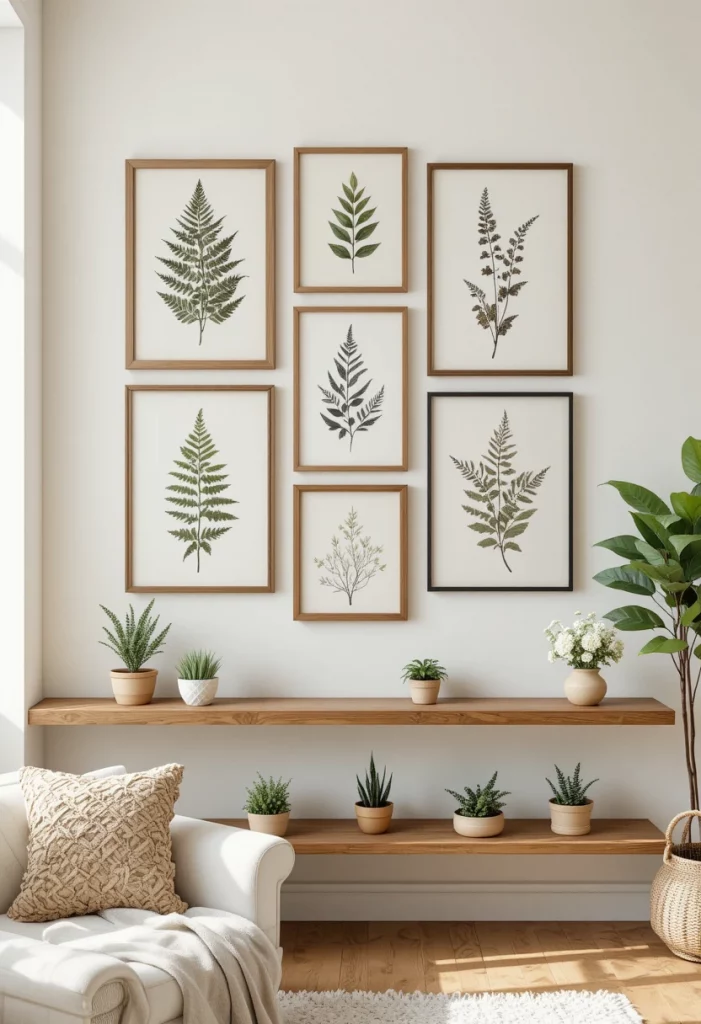 Spring home decor idea — gallery wall with botanical prints in a bright living room