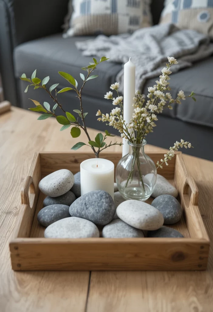 Nature walk tray display with stones and wildflowers as DIY spring home decor