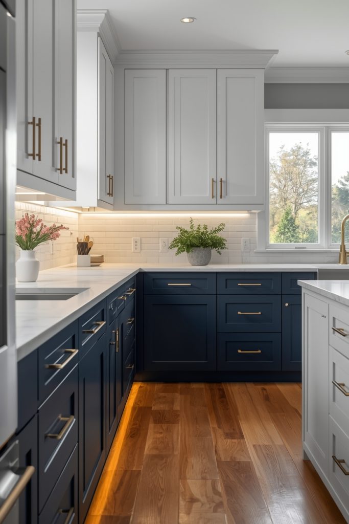 Blue and white kitchen with navy lower cabinets and white upper cabinets, brass hardware and oak wood floors