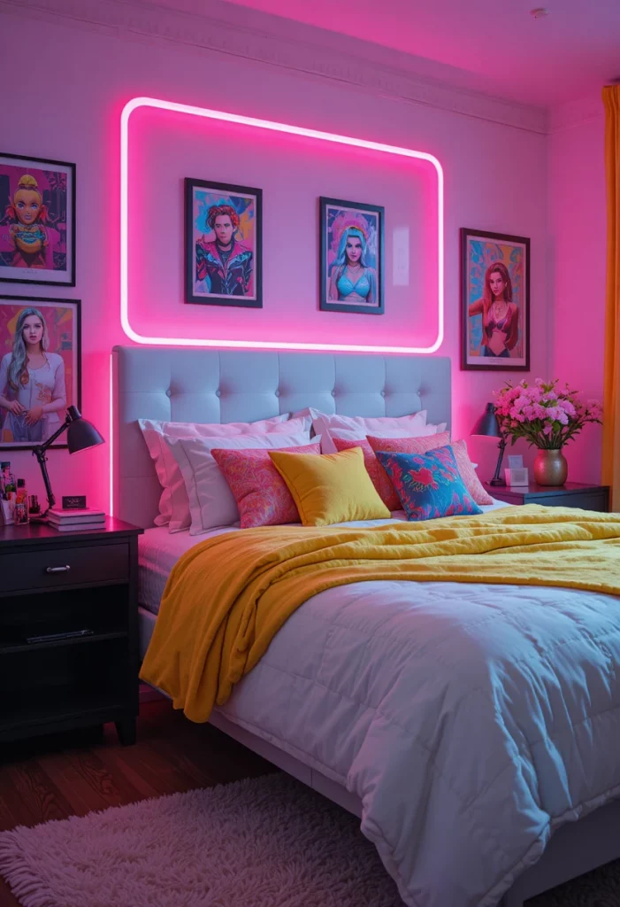 Y2K-inspired colorful bedroom with neon pink LED lighting and electric yellow accents