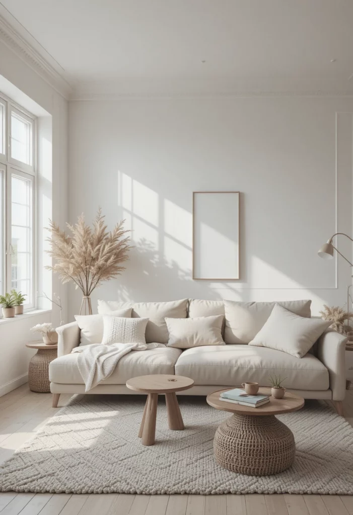 Neutral color palette aesthetic living room with beige sofa and soft modern decor