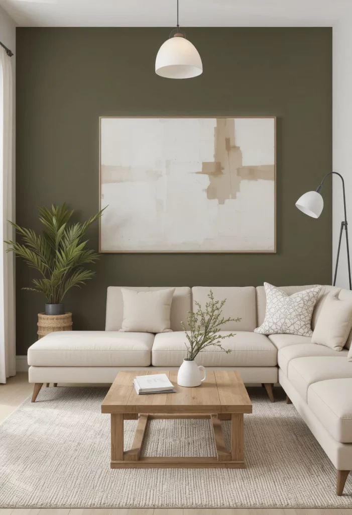Olive green accent wall with beige sofa in a modern minimalist living room