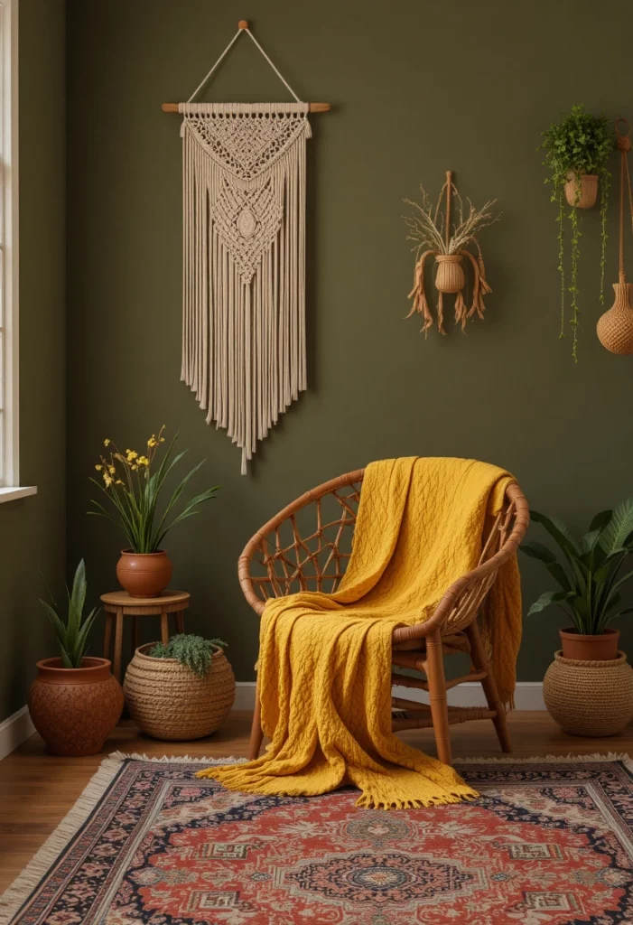 Olive green boho living room with golden yellow textiles and rattan furniture