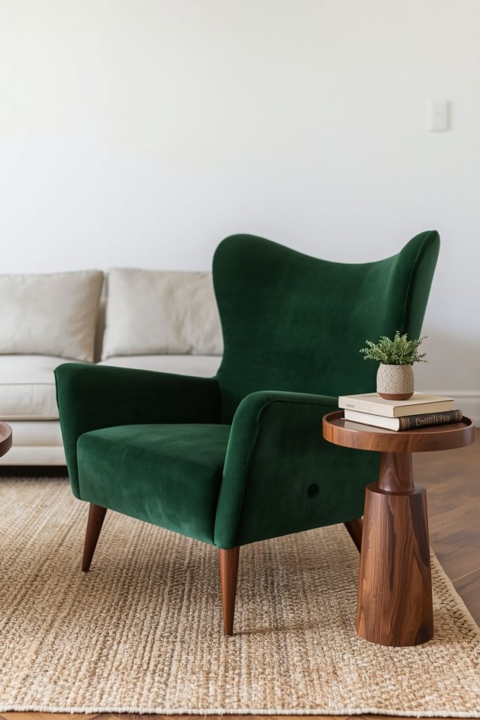 Aesthetic living room 2026 with deep emerald velvet statement armchair as bold focal point against calm neutral backdrop