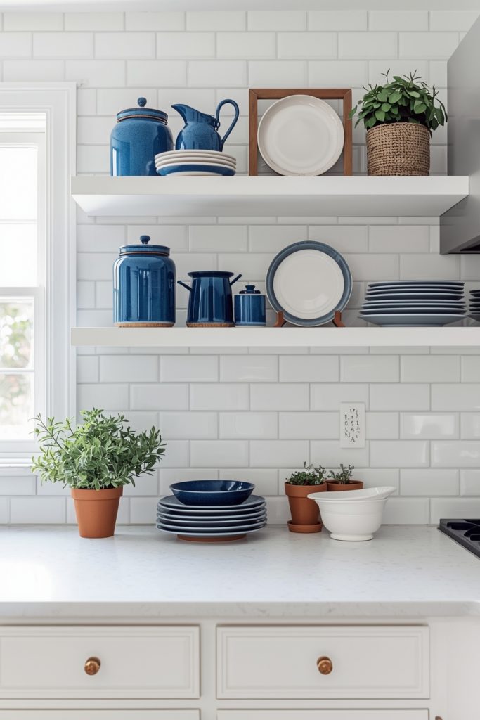 Blue and white kitchen open shelves styled with blue ceramic pottery, white plates and natural kitchen items
