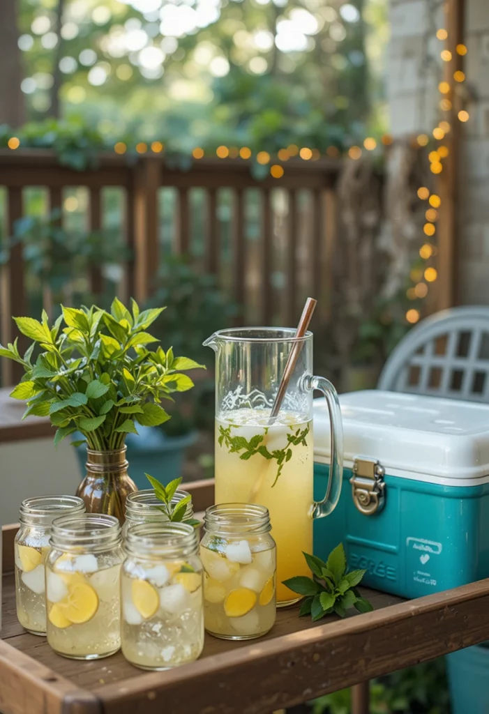 Rustic outdoor refreshment station on summer porch with lemonade and mason jar glasses