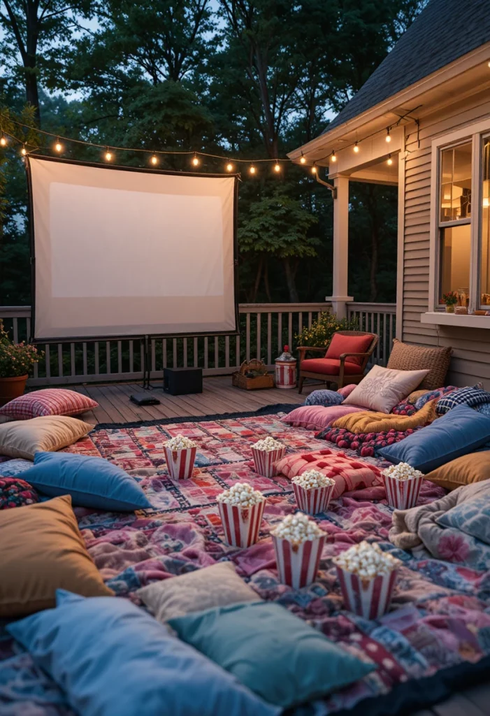 Outdoor movie night setup on summer porch with projector screen, blankets, and string lights