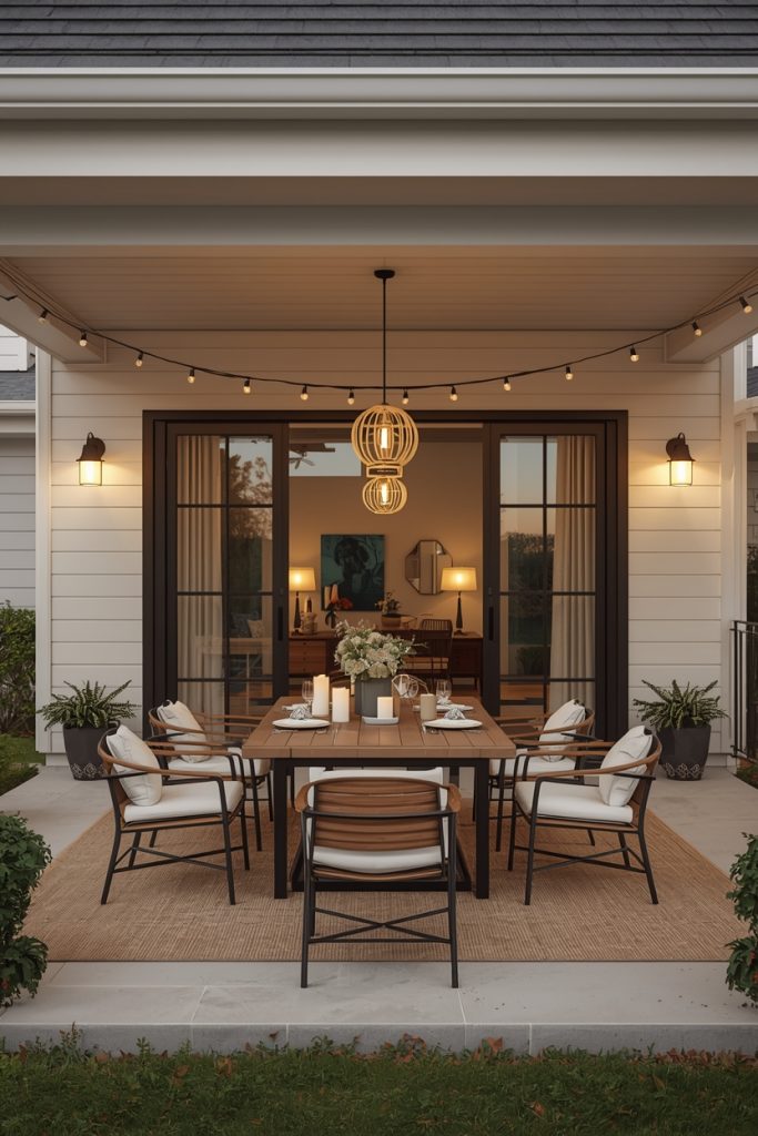 Outdoor patio dining area makeover with a simple table, comfortable chairs, soft lighting, and a cozy setup creating a welcoming space for family meals and gatherings.