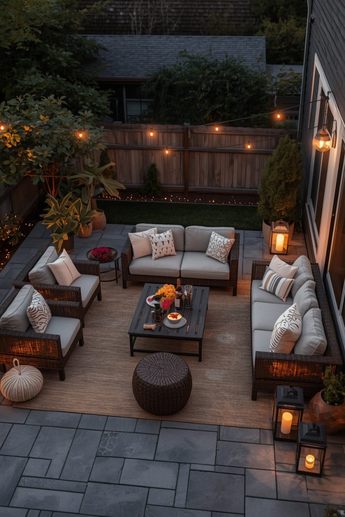 Outdoor patio makeover for entertaining guests with cozy seating layout, soft lighting, and a welcoming setup perfect for social gatherings and relaxation.