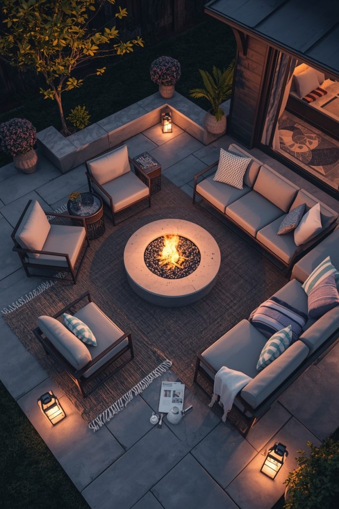 Outdoor patio makeover with fire pit, featuring cozy seating, warm lighting, and a comfortable setup creating a relaxing space for gatherings and evening relaxation.