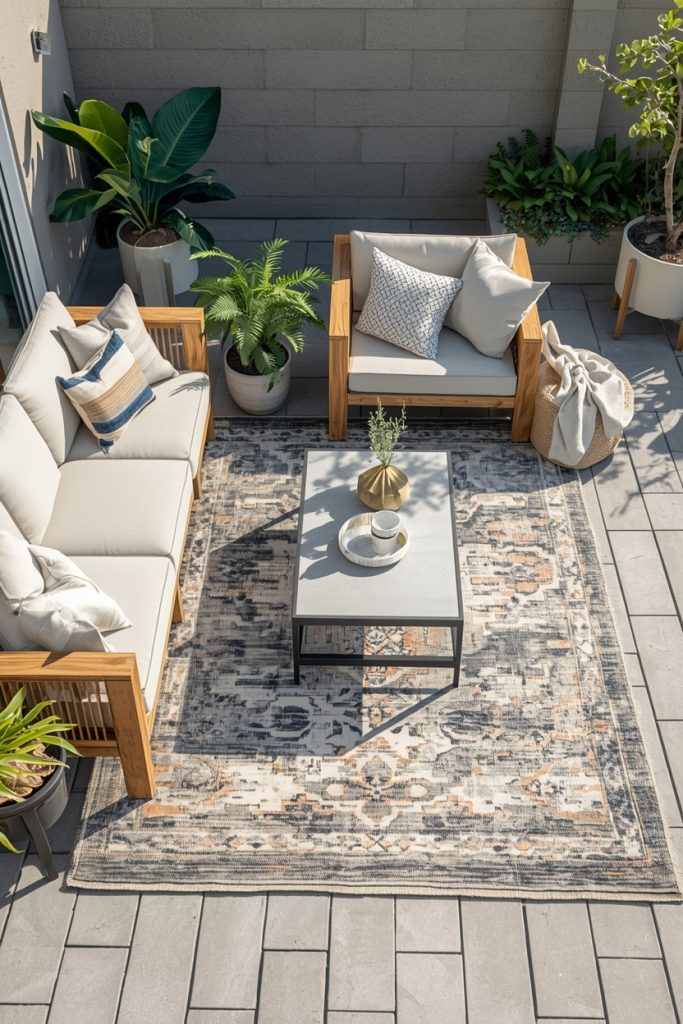 Outdoor patio makeover with outdoor rug, featuring cozy seating, soft cushions, and a stylish layout that creates a warm and well-defined outdoor space.