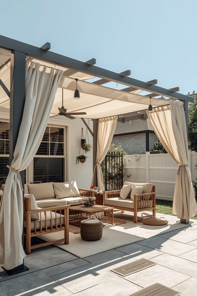 Outdoor patio makeover with pergola shade, featuring cozy seating, soft lighting, and hanging plants creating a stylish and comfortable shaded outdoor space.