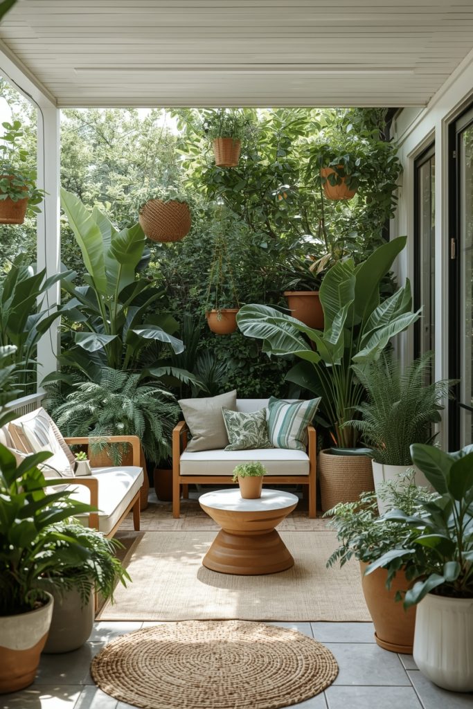 Outdoor patio makeover with plants and greenery, featuring potted plants, hanging baskets, and cozy seating creating a fresh, natural, and relaxing outdoor space.