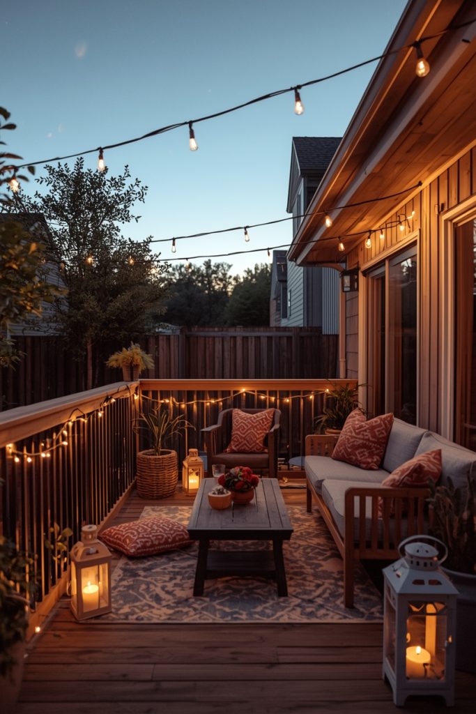 Cozy outdoor patio makeover with warm string lights, comfortable seating, lanterns, and soft ambient lighting creating a relaxing evening atmosphere.