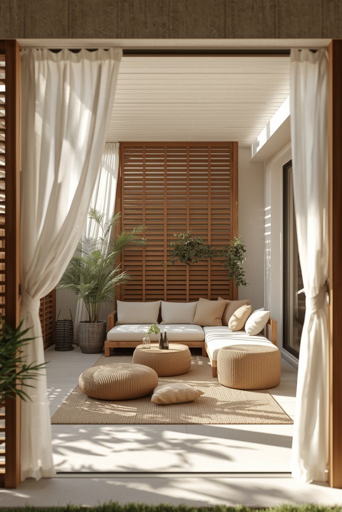 Outdoor patio privacy ideas with wooden screens, outdoor curtains, and tall plants creating a peaceful and secluded outdoor space for relaxation.