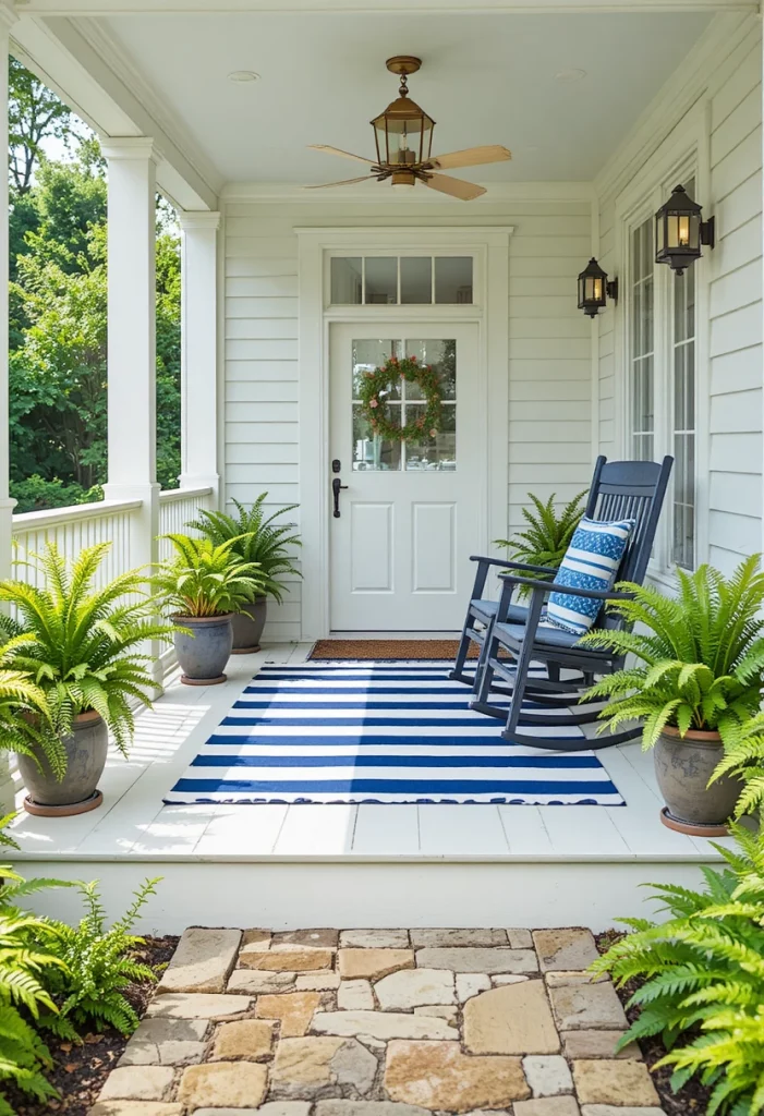 Navy striped outdoor rug on summer porch with rocking chairs and potted plants