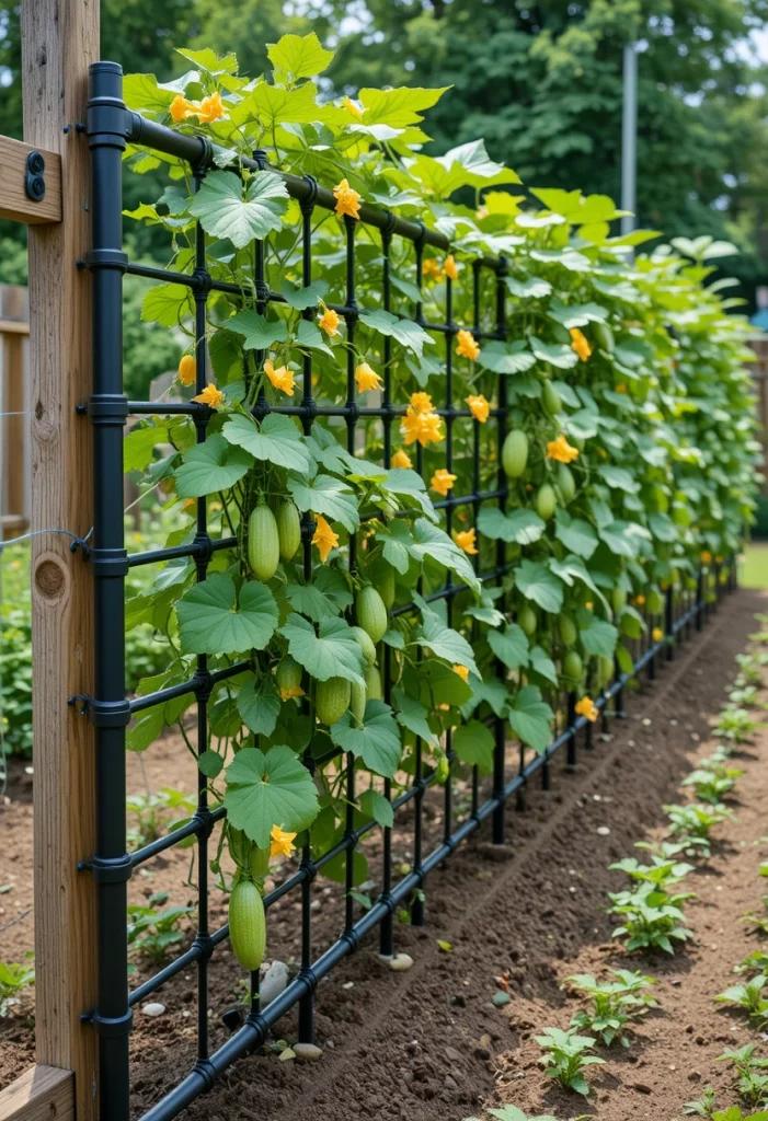 Simple trellis ideas for garden using a DIY PVC pipe grid panel for growing cucumbers in a vegetable garden