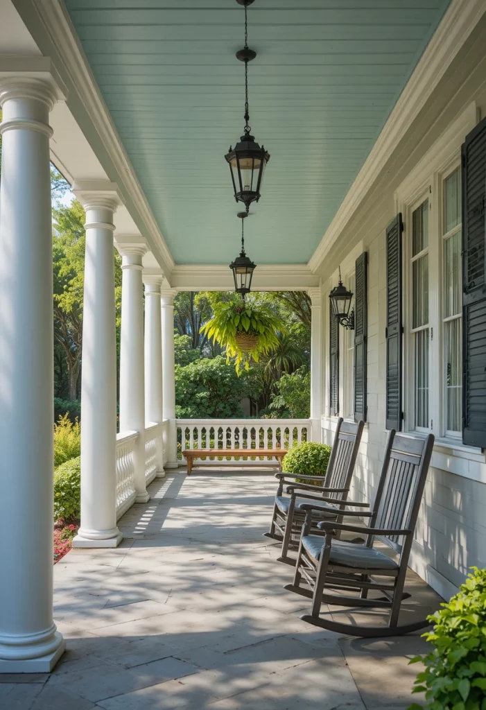 Classic Southern summer porch with haint blue painted ceiling and white rocking chairs