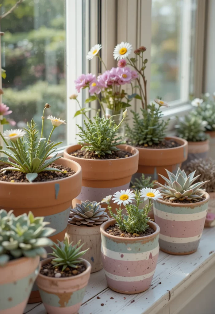 Painted pastel terracotta pots with flowers on a white windowsill spring decor