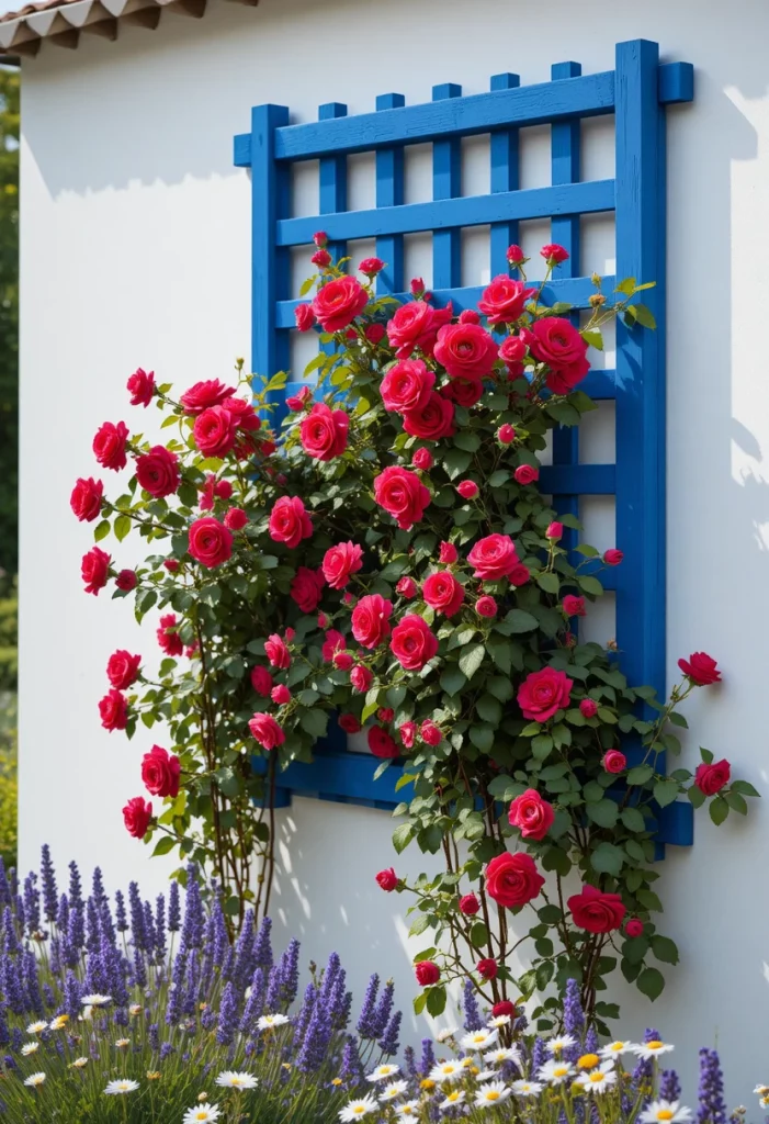 Trellis ideas for garden outdoor featuring a bold cobalt blue painted lattice trellis with red climbing roses