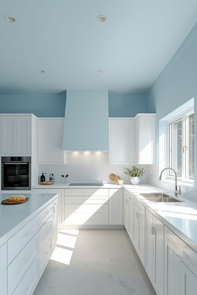 Blue and white kitchen with a painted pale blue ceiling creating an open sky effect above white cabinets