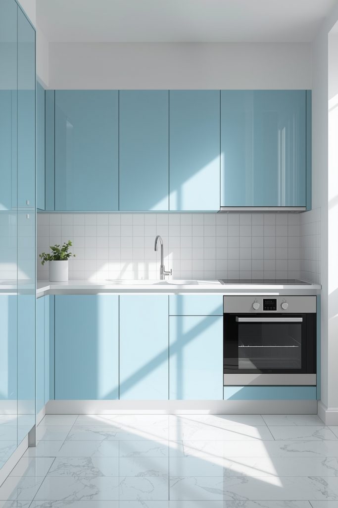 Pale blue and white kitchen with all-cabinet powder blue design, glossy backsplash in a small bright kitchen