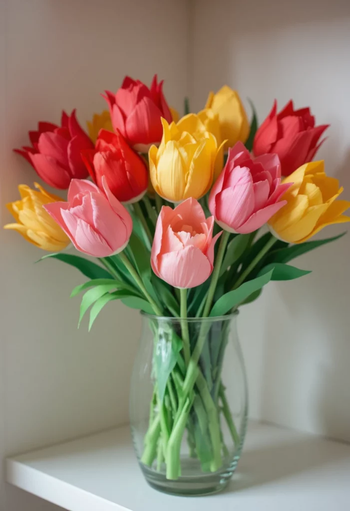 Handmade crepe paper tulip bouquet in a glass vase as spring home decor
