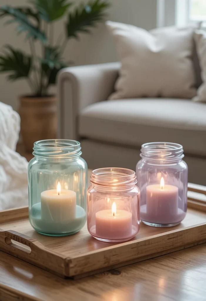 DIY pastel candle holders from recycled jars glowing with tealights spring decor