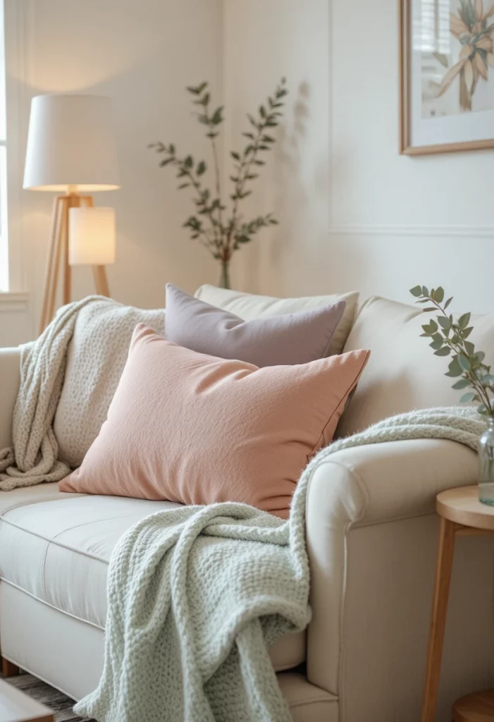 Pastel living room decor ideas with layered spring textiles in lavender and peach tones