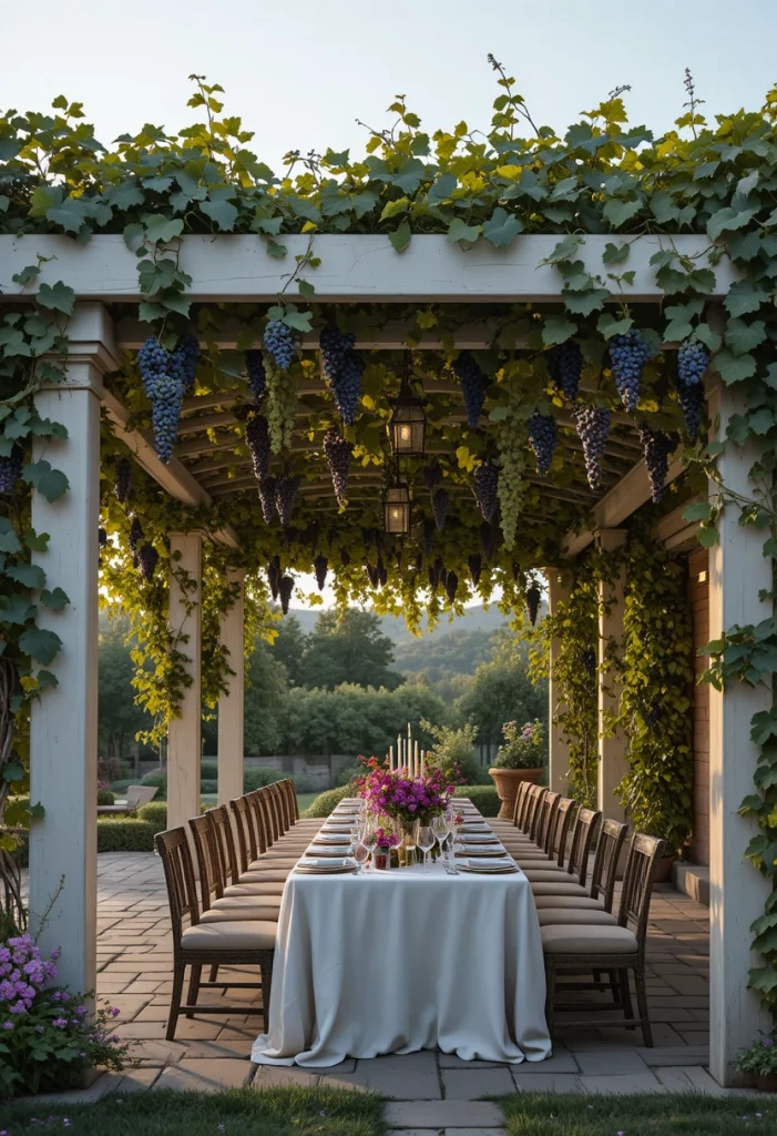Garden trellis ideas for climbing plants featuring a pergola covered in grapevines over a stone patio dining area