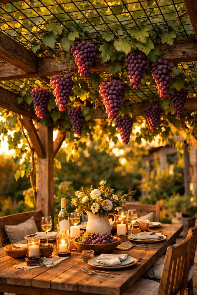 Pergola with wire grid ceiling trellis and grapevines β expansive garden trellis ideas for outdoor dining areas