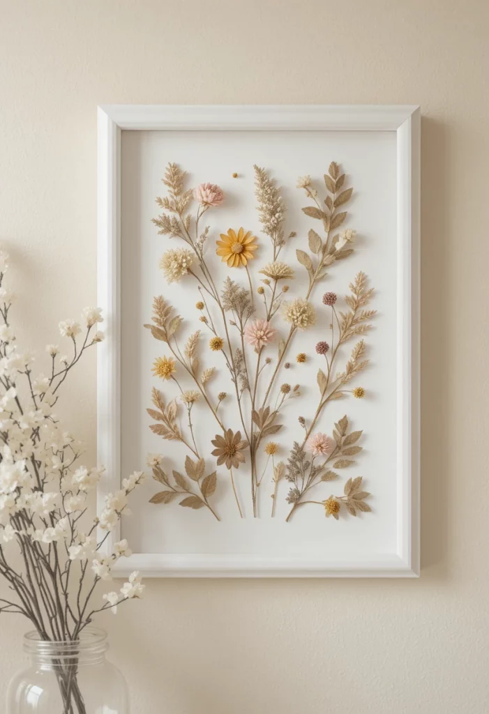 DIY pressed flower wall art in a white frame as spring home decor