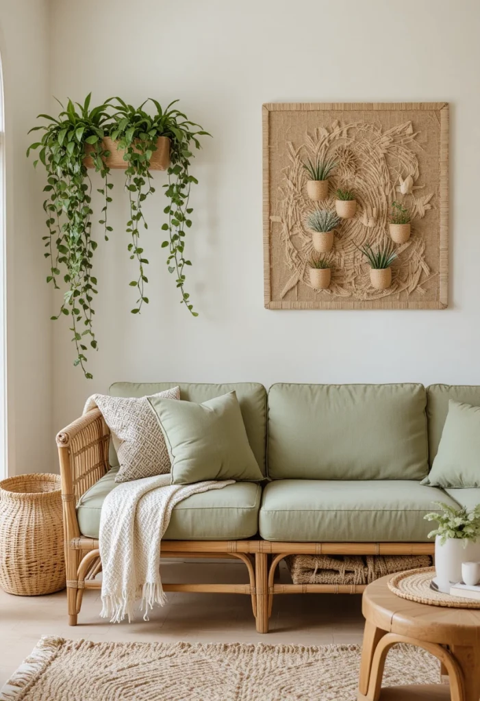 Rattan sofa with sage green cushions and trailing plants in a boho living room