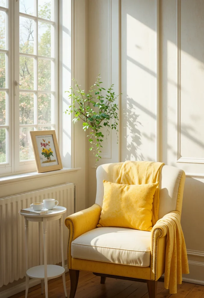 Spring living room decor — cozy reading nook with yellow linen chair and natural light